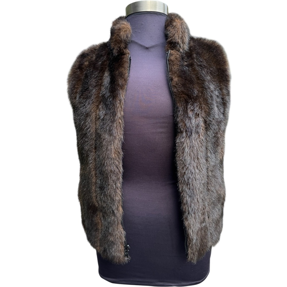 Fur Vest Womens Brown Sleeveless Full Zip Up Lined Outdoor Warm Cozy‎ Reversable